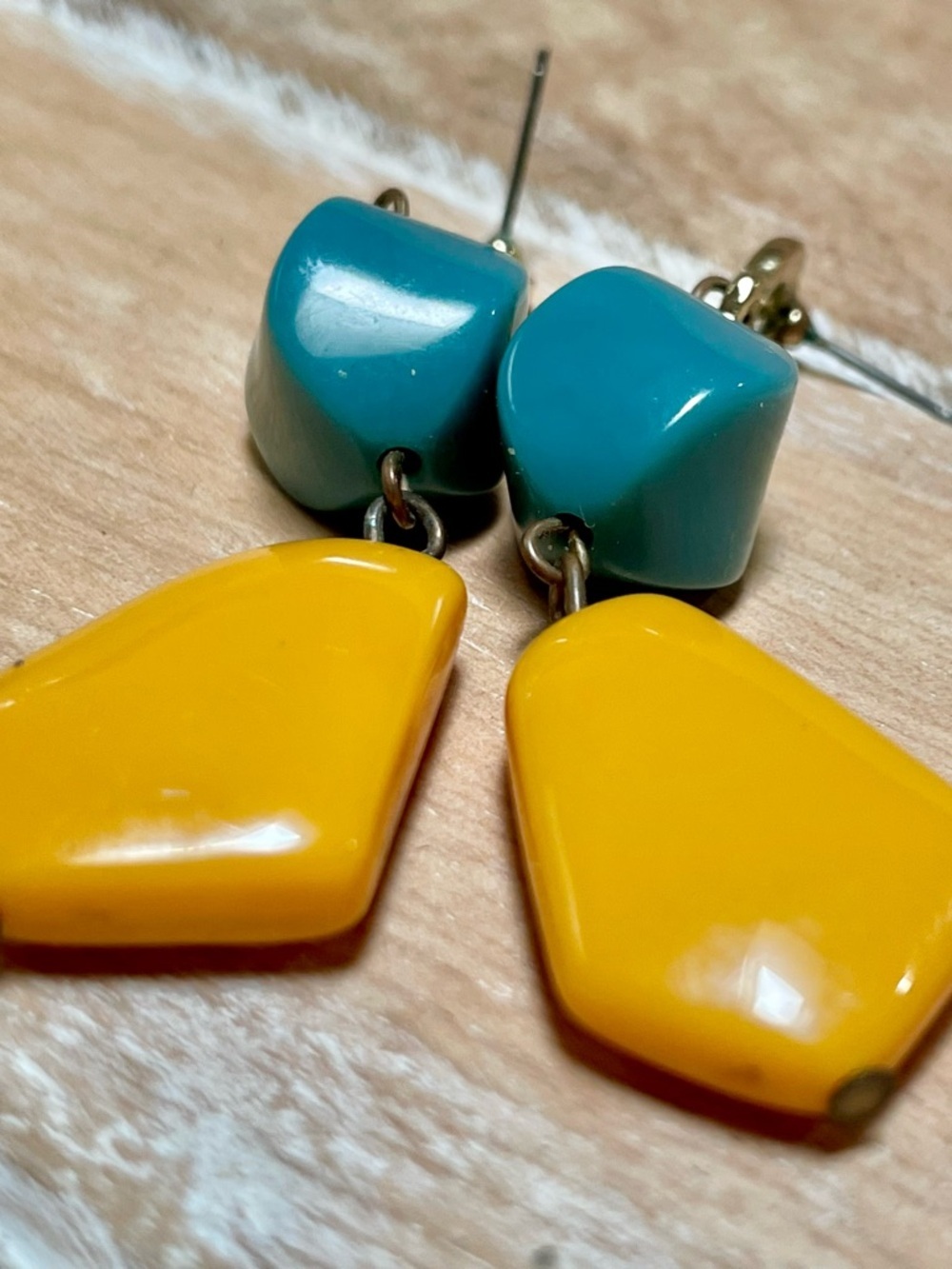 Handmade Turquoise and Mustard Yellow Geometric Drop Earrings - Women Jewelry - Picture 2 of 3